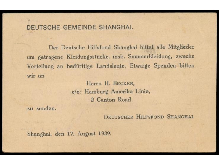 Ganzsache 1 C. (Han No. 30) mit  Zudruck  "Deutsche Gemeinde Shanghai ...  Deutscher Hilfsfond  ... 17. August 1929.", Stempe