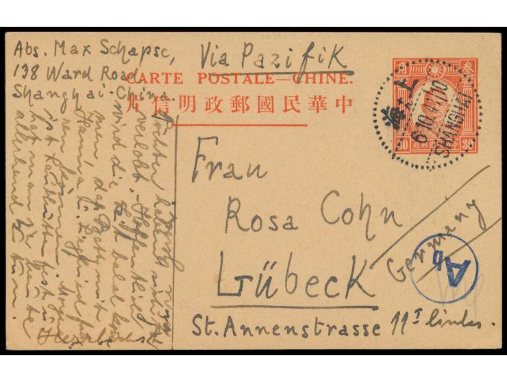 Ganzsache Sun Yatsen 30 C. (Han No. 47) mit Stempel &nbsp;Shanghai &nbsp;6.10.41 &quot;via Pazific&quot; nach Deutschland, wä