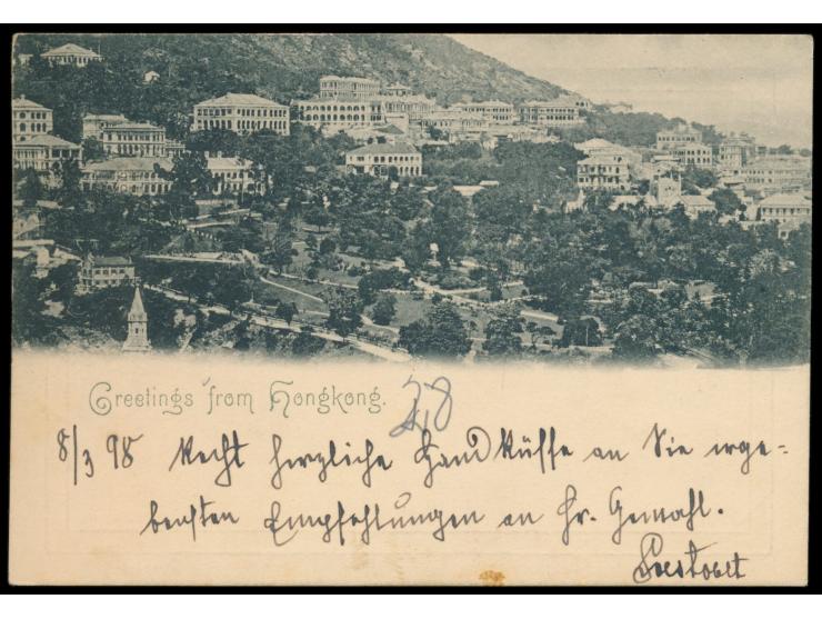 frühe Ansichtskarte (Kleinformat)  "Greetings from Hongkong" (Panorama)   von 1898,  Frankatur QV 4 C., Stempel  Hong-Kong D 