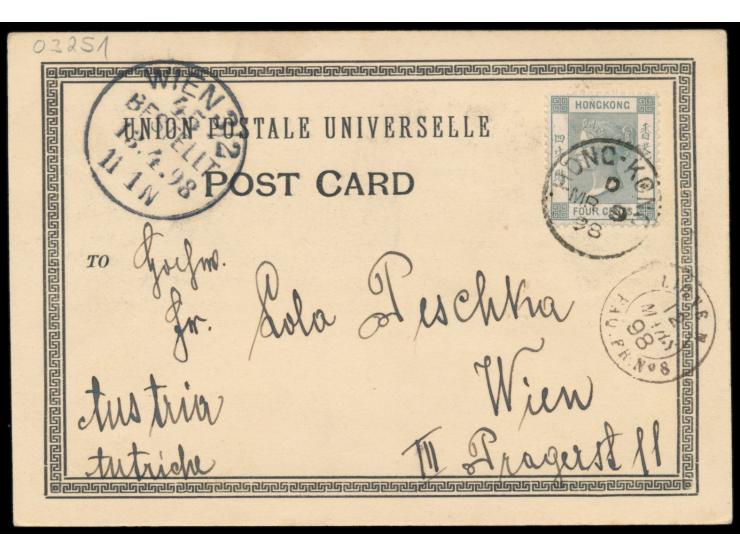 frühe Ansichtskarte (Kleinformat)  "Greetings from Hongkong" (Panorama)   von 1898,  Frankatur QV 4 C., Stempel  Hong-Kong D 