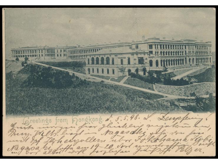 frühe Ansichtskarte (Kleinformat)  "Greetings from Hongkong" (Mount Austin Barracks)   von 1898,  Frankatur QV 4 C., Stempel 