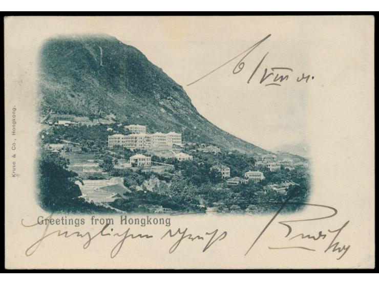 frühe Ansichtskarte (Kleinformat)  "Greetings from Hongkong" (Teilansicht) ,   Verlag Kruse &amp; Co., Hongkong, Frankatur QV