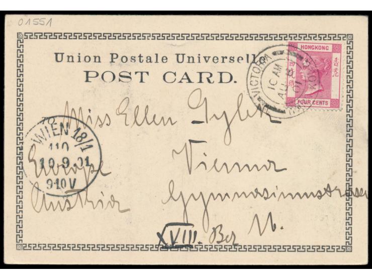 frühe Ansichtskarte (Kleinformat)  "Greetings from Hongkong" (Teilansicht) ,   Verlag Kruse &amp; Co., Hongkong, Frankatur QV