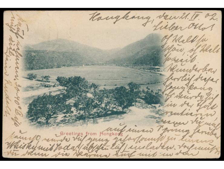 Ansichtskarte (Kleinformat)  Race Course,  Frankatur QV 4 C., Stempel  Victoria / Hongkong  24.4.02, nach Deutschland, Ankunf