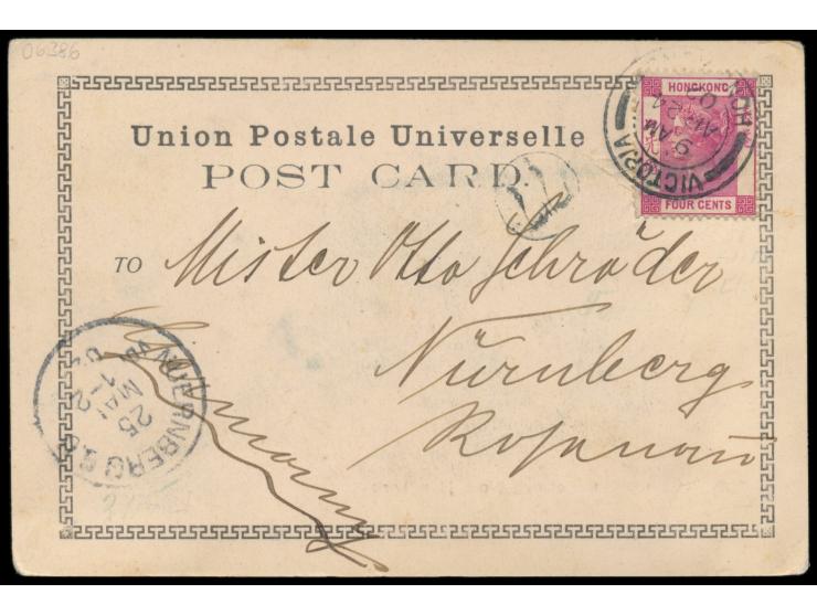 Ansichtskarte (Kleinformat)  Race Course,  Frankatur QV 4 C., Stempel  Victoria / Hongkong  24.4.02, nach Deutschland, Ankunf