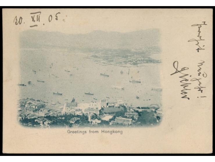Ansichtskarte (Kleinformat) "Greetings from Hongkong" (Hongkong from the Peak) , ohne Verlagsangabe, Frankatur Deutsches Reic