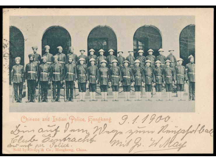 Ansichtskarte  Chinese and Indian Police, Hongkong,  Verlag Graca &amp; Co., Frankatur QV 4 C., undeutlicher Stempel Hong-Kon