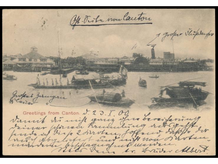 Ansichtskarte (Kleinformat)  "Greetings from Canton" (Hafen),  Frankatur QV 4 C., undeutlicher Stempel (Canton), nach Deutsch