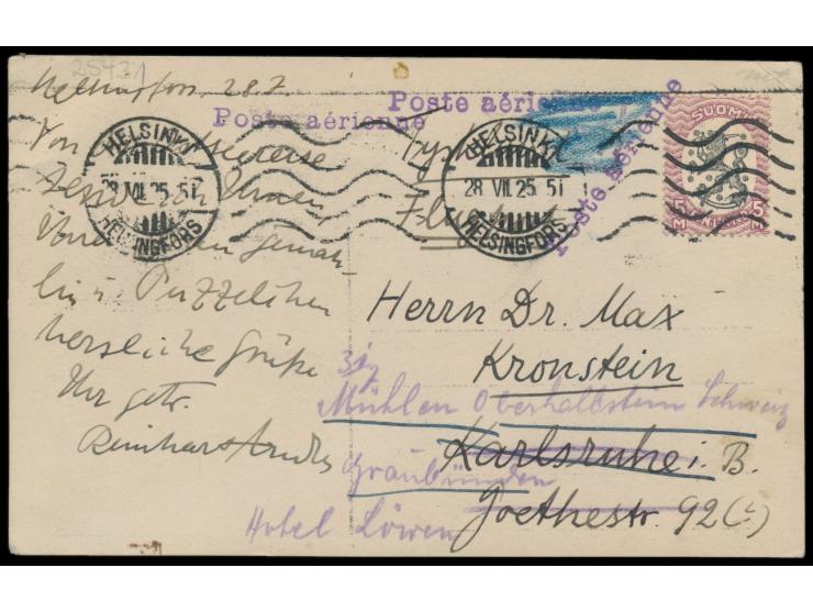Einzelfrankatur 5 M. auf &nbsp;Luftpostkarte &nbsp;nach Karlsruhe / Deutschland, Maschinenstempel Helsinki 28.7.25 und 3 x vi