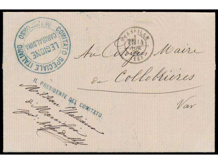 portofreier Faltbrief mit Stempel Marseille 4.11.70 nach Collobrieres, blaues Dienstsiegel &nbsp;&quot;Legione Garibaldina - 