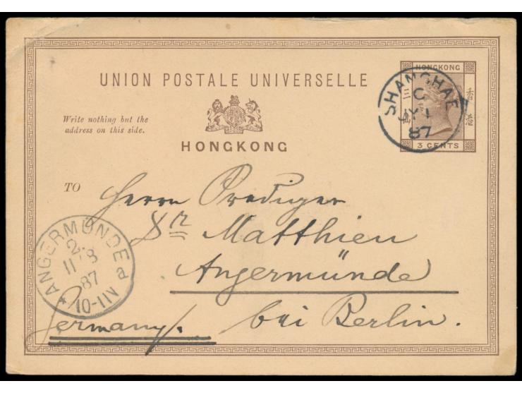 Ganzsache 3 C. mit Stempel  Shanghae   C  1.7.87 nach Deutschland, rückseitig Durchgangsstempel Hong-Kong 5.7.87, Ankunftstem