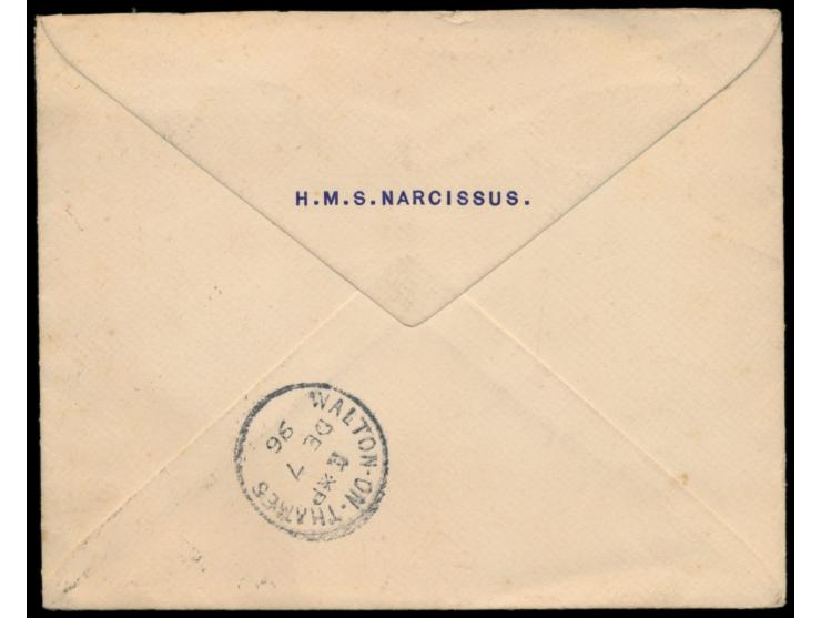 2 C. und 2 x 2 C. mit Stempel &nbsp;Hong-Kong &nbsp;5.11.96 auf Briefumschlag mit Absendereindruck &nbsp;&quot;H.M.S. Narciss