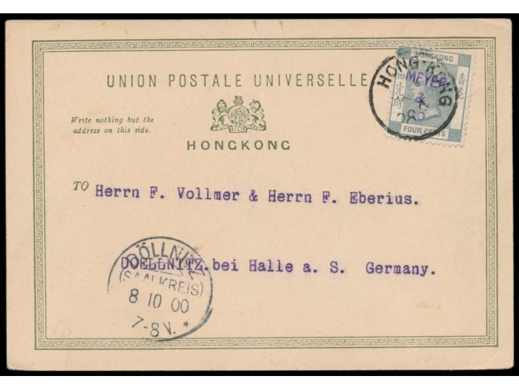 QV 4 C. mit  Firmenstempel "Meyer &amp; Co."  (statt Perfin) auf Ansichtskarte "Hongkong. Peak station", Stempel  Hong-Kong  