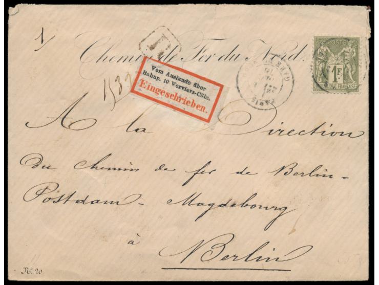 Einzelfrankatur 1 F. Sage Type I auf &nbsp;Einschreibbrief &nbsp;3. Gewicht von Paris 24.12.78 nach Berlin, Stempel &quot;R&q