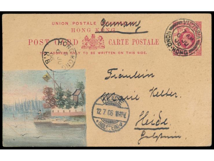 Ganzsache 4 C. mit vorderseitig mehrfarbiger Tuschezeichnung, Stempel  Victoria Hong-Kong  6.6.06 und  Hong-Kong K.B.  6.6.06