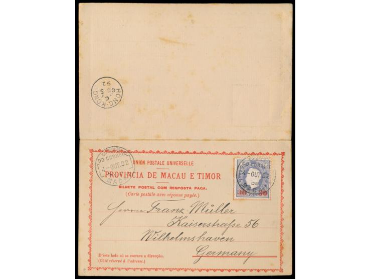 Formularkarte mit Antwortkarte, frankiert mit  30 auf 200 Reis-Marke,  Yang P 7, Stempel  Macau  4.10.92, nach Deutschland, r