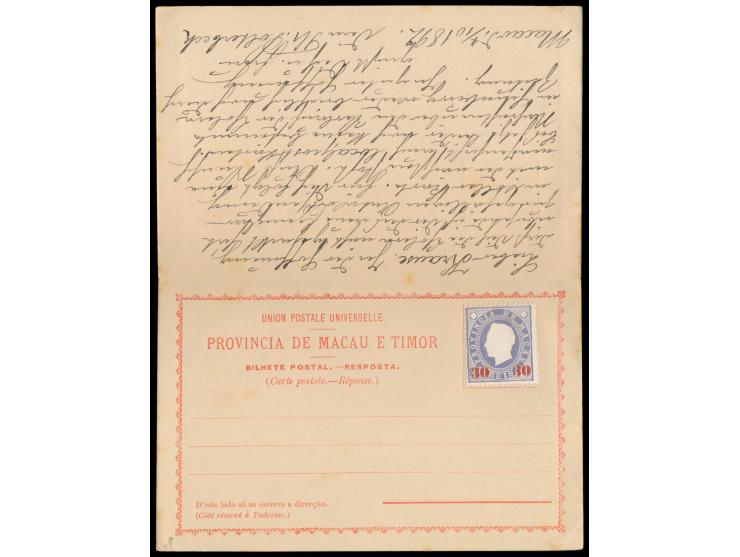 Formularkarte mit Antwortkarte, frankiert mit  30 auf 200 Reis-Marke,  Yang P 7, Stempel  Macau  4.10.92, nach Deutschland, r