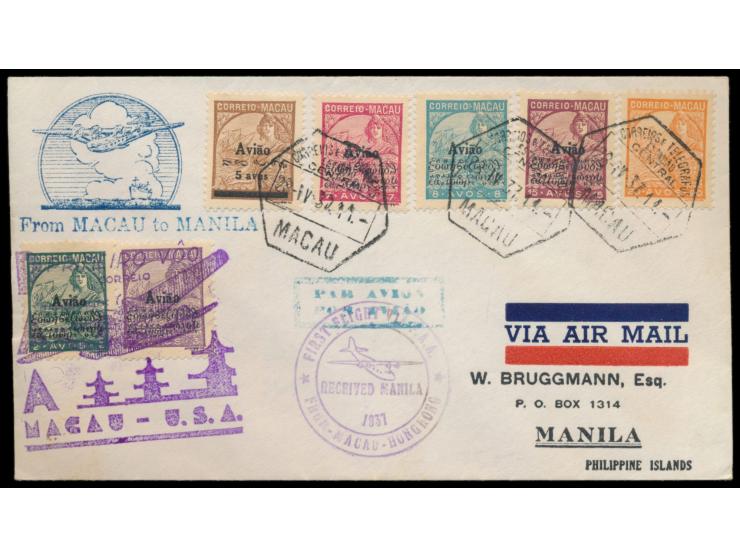 Flugpost-Satz  (komplett 7 Marken mit Aufdruck "Aviao") und weitere 20 A. (ohne Aufdruck) auf Luftpostbrief mit Stempel Macau