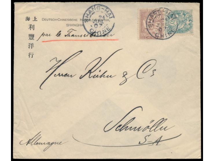 Französische Post,  5 C. und 20 C. auf Brief mit Stempel  Shang-Hai  24.7.07 "via Sibirien" nach Deutschland, vorderseitig zw