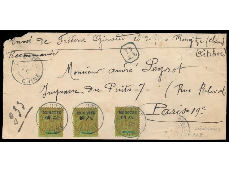 Französisch-Indochina, &nbsp;3 x 20 C. mit Aufdruck &nbsp;Mongtze &nbsp;auf Adressaufkleber für eine schwere Einschreibsendun
