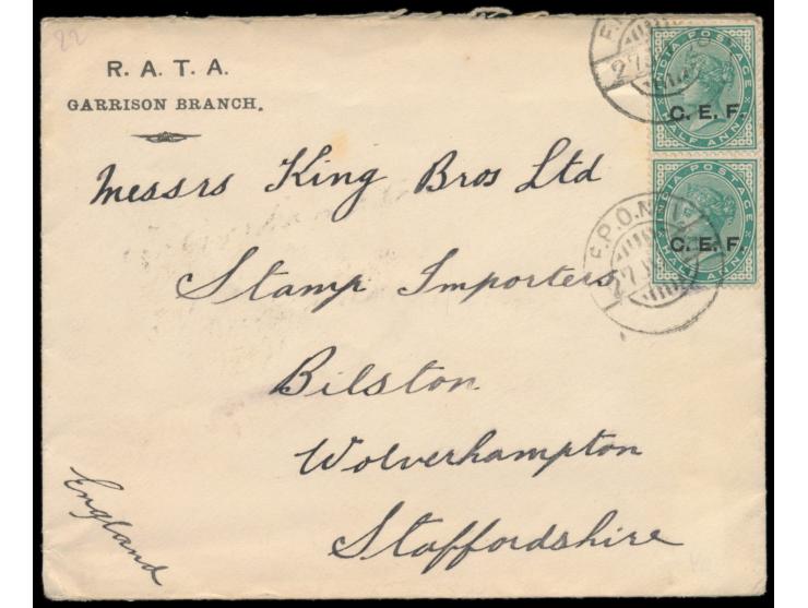 Indien:  2 x  C.E.F.  QV   1/2 Anna auf Brief mit vorderseitigem Absendereindruck "R.A.T.A. / Garrison Branch" nach England, 