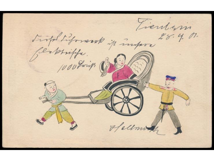 Japanische Post,  Ganzsache 1 1/2 Sen mit rückseitig mehrfarbiger chinesischer  Tuschezeichnung,  Stempel  Tientsin I.J.P.O. 