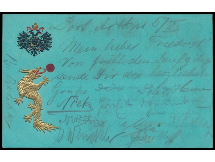 Russische Post,  Prägedruck-Ansichtskarte  aus Port Arthur  über das russische Postamt Chefoo nach Deutschland,  Frankatur "K