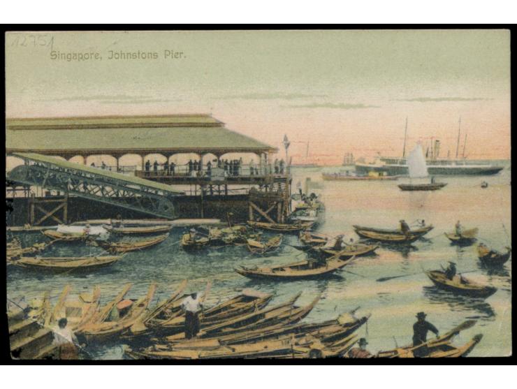 Russische Post,  Russland 1 Kop. und 2 x 2 Kop. (ohne "Kitai"-Aufdruck) auf Ansichtskarte "Singapore" nach Deutschland, Stemp