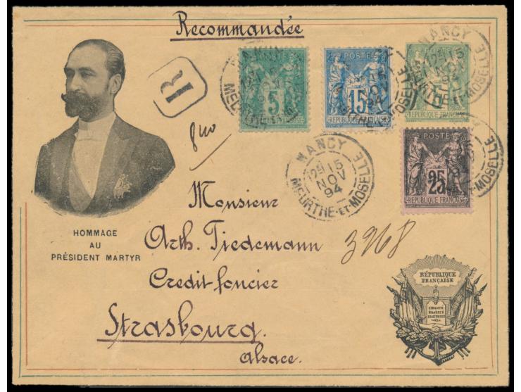 Hommage au Président Martyr (Carnot): &nbsp;Ganzsachenumschlag 5 C. mit Brustbild Carnot und Trauerumrandung, Zusatzfrankatur