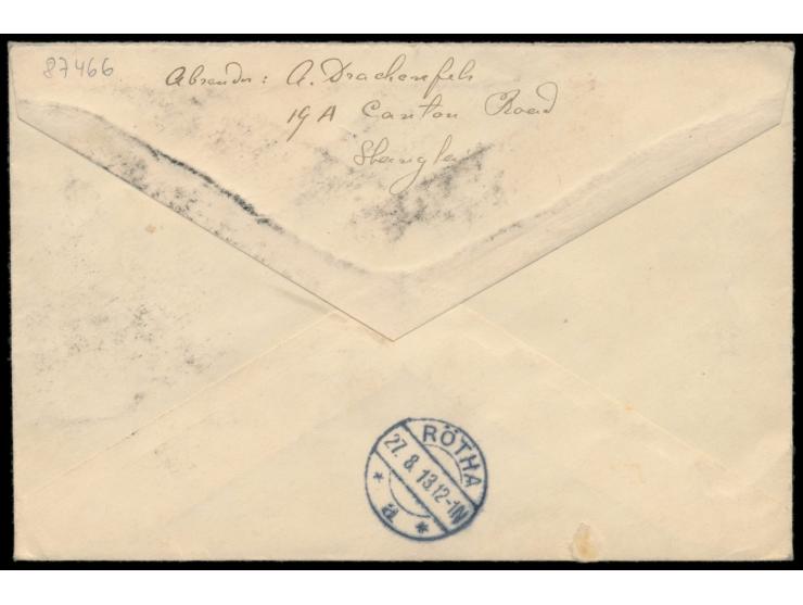 Russische Post,  4, 7 und 10 Kop.  Romanow  auf  Einschreibbrief  mit Stempel  Shanghai Poste Russe  12.8.13 nach Deutschland