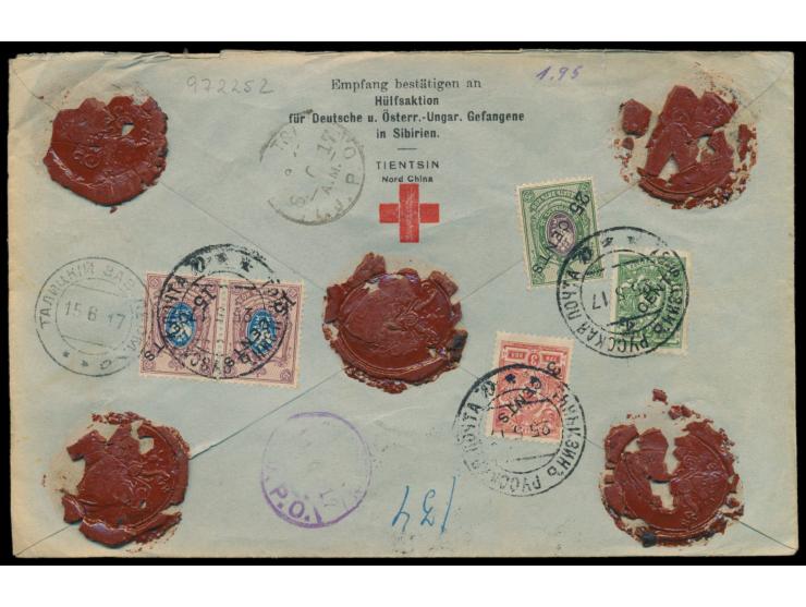 Russische Post,  2 Cents, 3 Cents, 2 x 15 Cents und 25 Cents rückseitig auf Vordruckumschlag der "Hülfsaktion für Deutsche u.