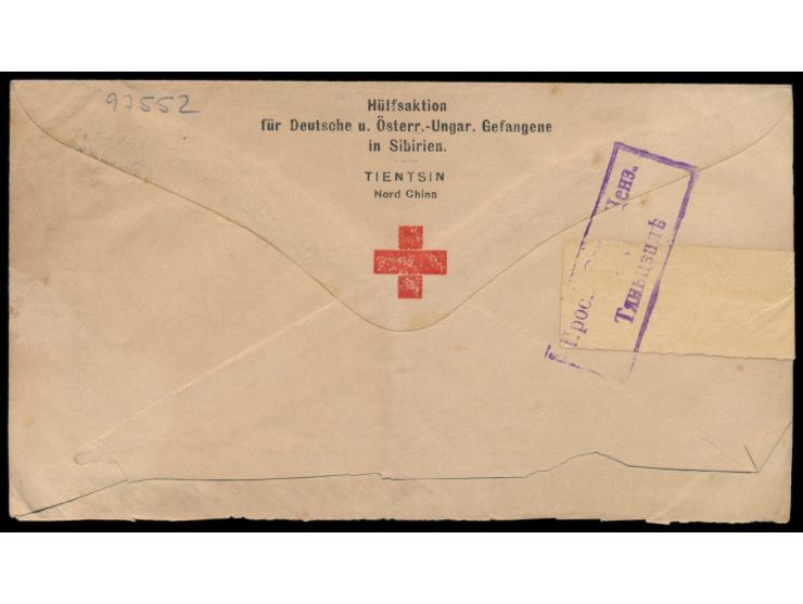 Russische Post, Ganzsachenumschlag 10 Kop. mit Kitai-Aufdruck und Zudruck des Roten Kreuz: "Agence des Prisonniers de Guerre 
