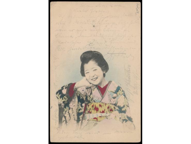 Russische Post in der Mandschurei,  Russland 4 Kop. auf japanischer Ansichtskarte nach Deutschland, 2 x Stempel  Dalnii Polew