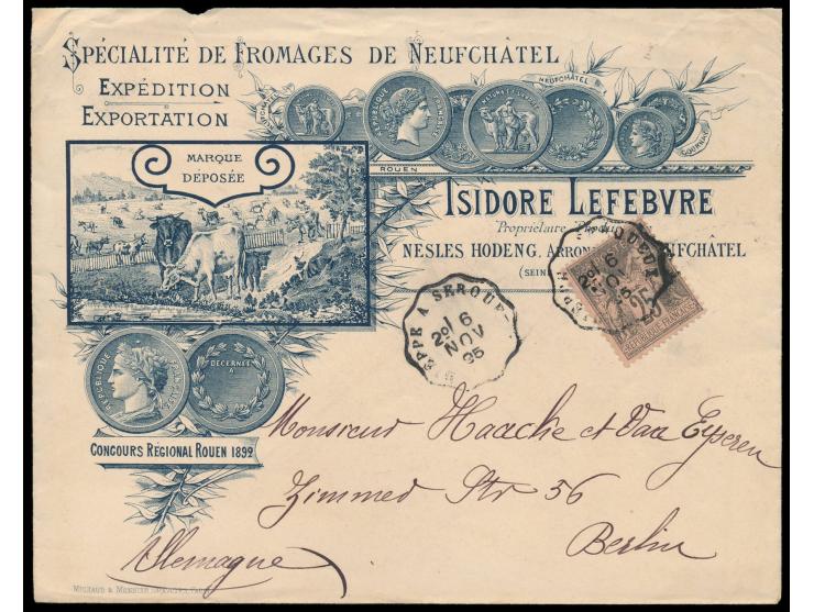 Reklameumschlag  "Isidore Lefebvre - Fromages de Neufchatel", Frankatur 25 C., Bahnpoststempel Dieppe a Serqueux 6.11.95, nac