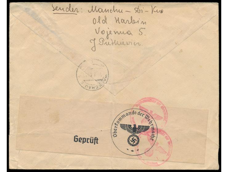 6 F. und 30 F. auf  Einschreibbrief  mit Stempel  Harbin / Manchoukuo  11.5.40 via Sibirien nach Warschau im deutschbesetzten