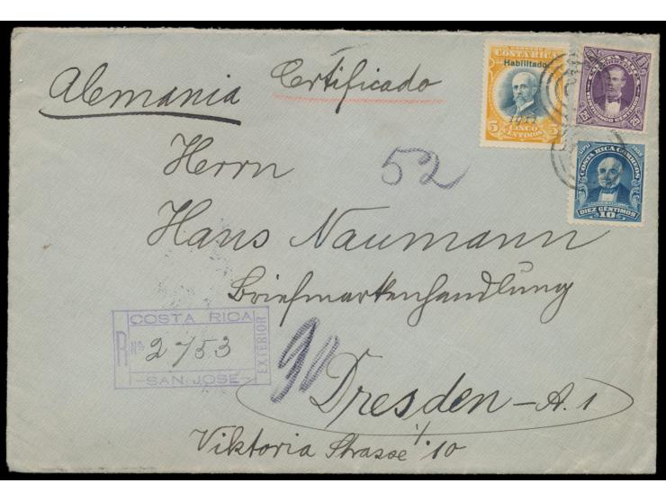 Einschreibbrief mit rückseitig brauner Prägedruck-Siegelmarke "Kaiserlich Deutsches Konsulat für Costa Rica und Nicaragua" na