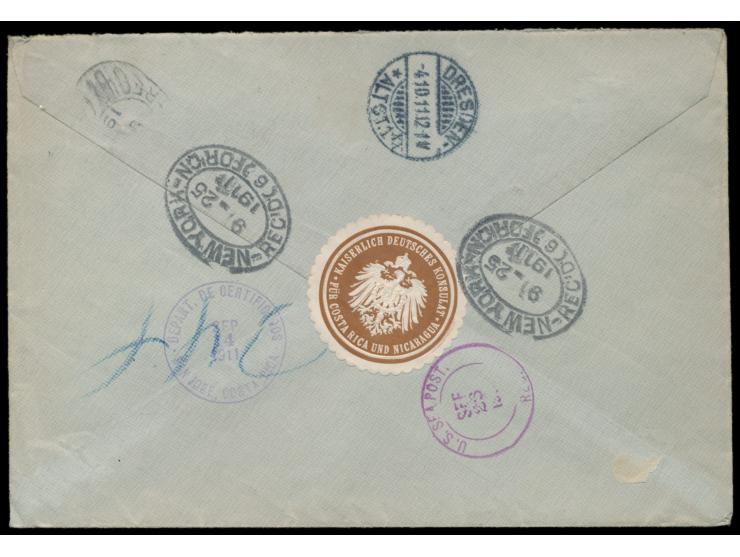 Einschreibbrief mit rückseitig brauner Prägedruck-Siegelmarke "Kaiserlich Deutsches Konsulat für Costa Rica und Nicaragua" na