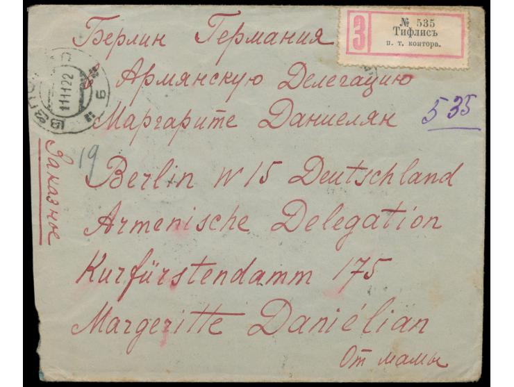 Sowjet-Republik,  4 x 5000 R. und 3000 R. "Hungerhilfe" rückseitig auf Einschreibbrief mit Stempel  Tiflis  11.11.22 und russ