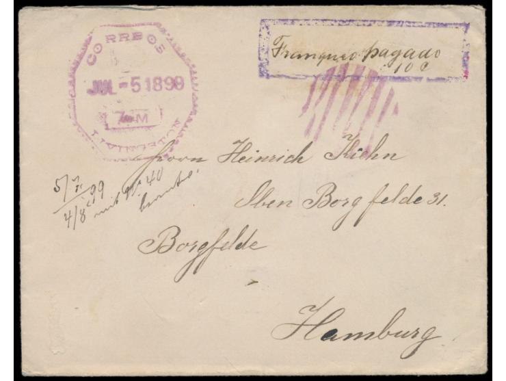 Auslandsbrief mit  Barfrankatur  nach Deutschland, violetter Rahmenstempel und handschriftlich  "Franqueo pagado 10 C.",  vio