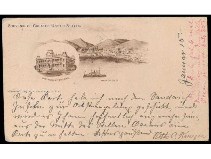 USA 2 C. auf  Ansichtskarte Honolulu  mit Absenderstempel von Michigan, aufgeliefert in Honolulu (auch entsprechende Mitteilu