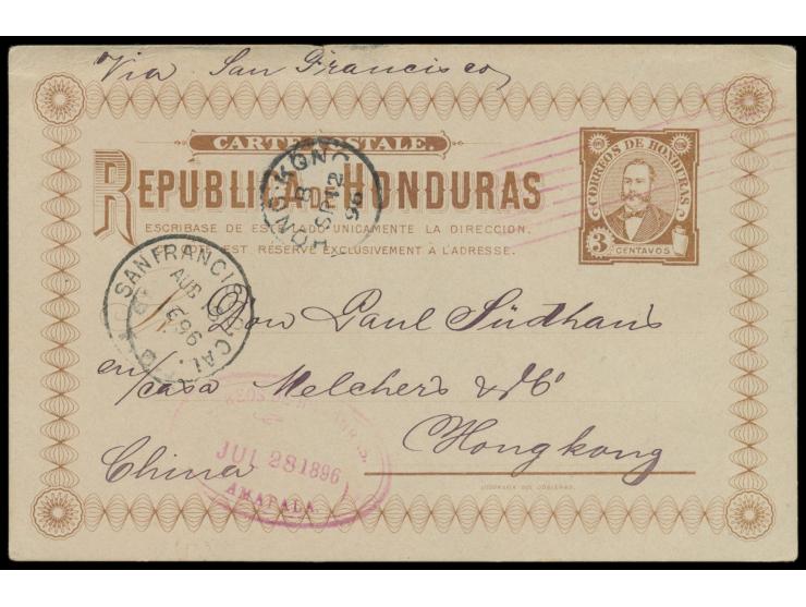 Ganzsache 3 C. mit rotem Stempel  Amapala  28.7.1896  nach Hongkong,  Durchgangsstempel San Francisco 16.8.96 und Ankunftstem