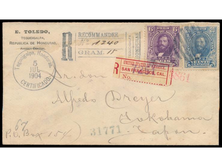 6 C. und 20 C. "General Santos Guardiola" (1903) auf  Einschreibbrief nach Japan,  Stempel  Tegucigalpa, Honduras Certificado