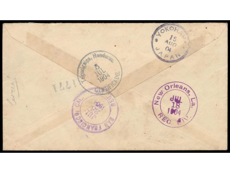 6 C. und 20 C. "General Santos Guardiola" (1903) auf  Einschreibbrief nach Japan,  Stempel  Tegucigalpa, Honduras Certificado