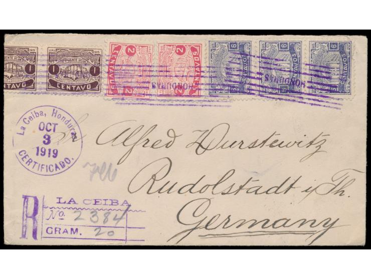 3 x 1 C. (1 x rückseitig), 2 x 2 C. und 3 x 6 C. Bauwerke 1915 auf  Einschreibbrief  nach Deutschland, entwertet mit Strichst