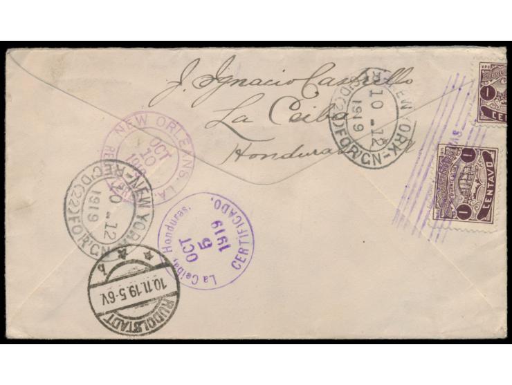 3 x 1 C. (1 x rückseitig), 2 x 2 C. und 3 x 6 C. Bauwerke 1915 auf  Einschreibbrief  nach Deutschland, entwertet mit Strichst