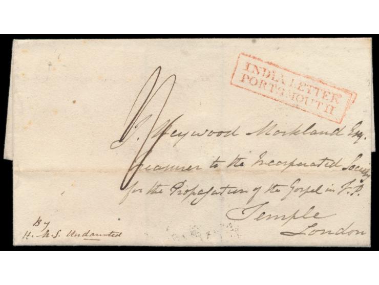 Stempel  Calcutta G. P. O. Shipletter  14. AG 1828 rückseitig auf gesiegelter Faltbriefhülle (ohne Inhalt) nach London, Leitv