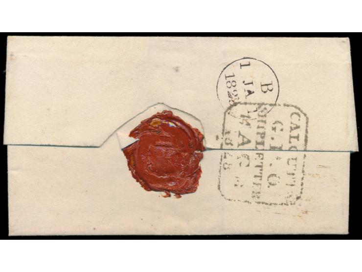 Stempel  Calcutta G. P. O. Shipletter  14. AG 1828 rückseitig auf gesiegelter Faltbriefhülle (ohne Inhalt) nach London, Leitv