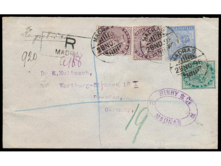 QV 1/2 A., 2 x 1 A. und 2 A. mit  Perfin "B&amp;Co"  (Binny &amp; Co.) auf Einschreibbrief nach Deutschland, Stempel  Madras 