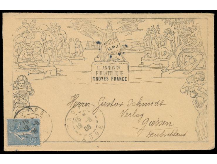25 C. auf Umschlag mit  Mulready-Imitation  "L´Annonce Philatelique Troyes, France", Stempel Troyes 19.6.06, nach Deutschland