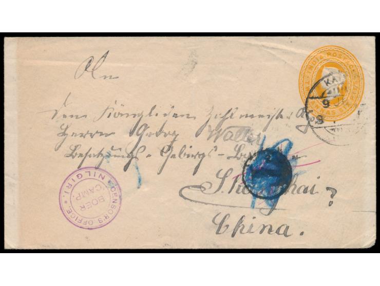 Ganzsache 2 A. 6 P. 9.6.02, violetter K2  Prisoner´s Office Boer Camp Nilgiri,  an einen deutschen Soldaten der Besatzungsbri